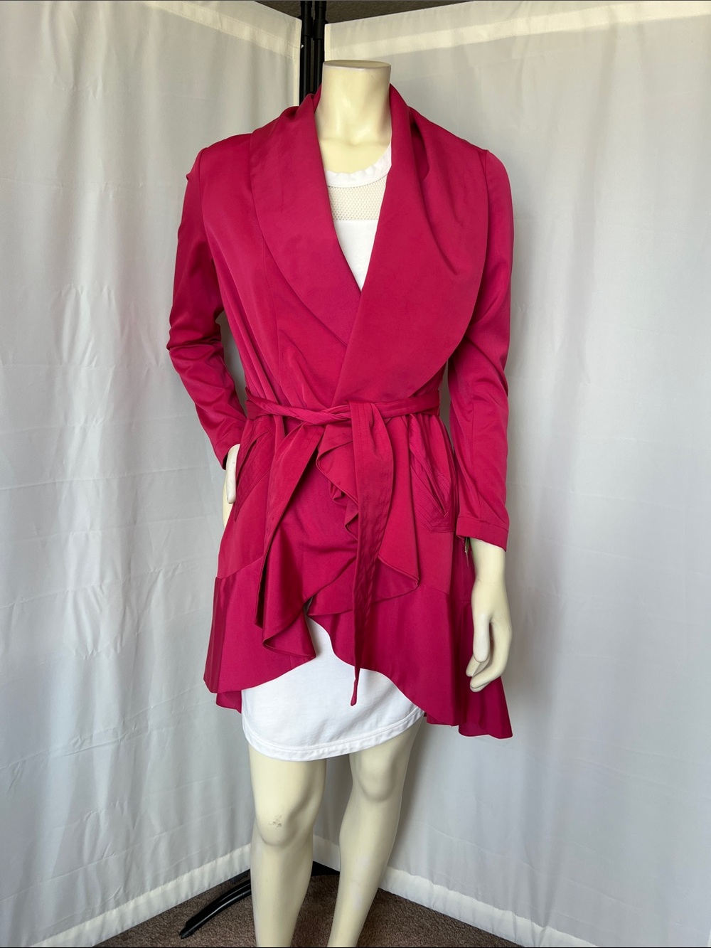 Peppe Peluso Fuchsia Shawl Collar Tie-Waist Drape-front Trench